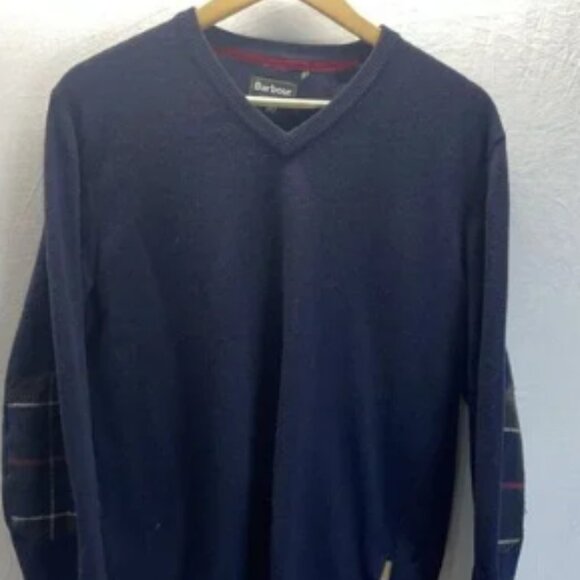 Barbour‎ Men's Navy Blue v neck Cashmere wool Elbow Patch Tartan size Med - Picture 1 of 7